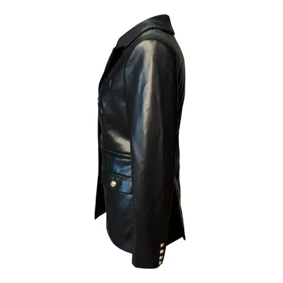 7 For All Mankind Faux Leather Black Blazer Women's Medium Gold Buttons - Picture 4 of 8